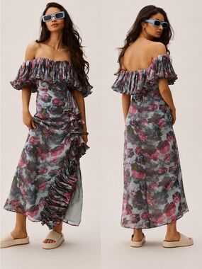 Hutch Anthropologie Off Shoulder Ruffled Floral Column Maxi Dress Size 8